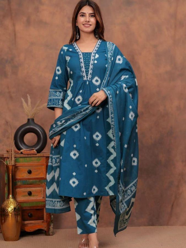 Elegant Blue V-Neck Cotton Kurta Pant Dupatta Set - Utsaahit