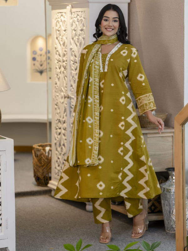 Elegant Mehndi Green V-Neck Cotton Kurta Pant Dupatta Set - Utsaahit