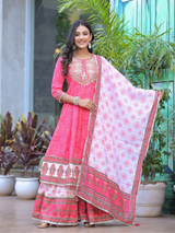Elegant Printed Anarkali Cotton Kurti with Sharara & Dupatta – Gold Lace & Sequin Work