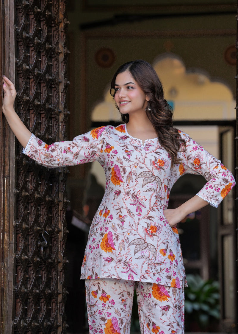 Elegant Pink Cotton Hand-Blocked Floral Printed Co-Ord Set – Utsaahit