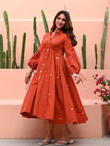 Rust Orange Cotton Maxi Dress with Plastic Mirror Work & Kodi Tassels