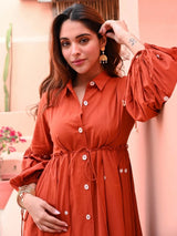 Rust Orange Cotton Maxi Dress with Plastic Mirror Work & Kodi Tassels