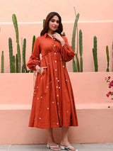 Rust Orange Cotton Maxi Dress with Plastic Mirror Work & Kodi Tassels