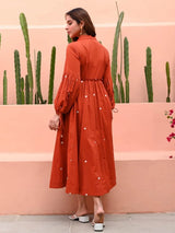 Rust Orange Cotton Maxi Dress with Plastic Mirror Work & Kodi Tassels