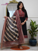 Premium Cotton Hand Block Printed Kurti Pant Dupatta Set Sequence Work