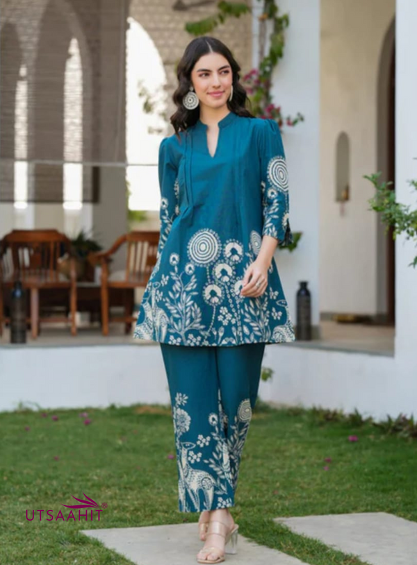 Premium Deep Teal Blue Cotton Co-ord Set for Women – Printed Border 2-Piece Summer Outfit