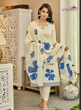 Pure Cotton Handwork Kurti Pant Dupatta Set for Women Heavy Ethnic Wear V-Neck