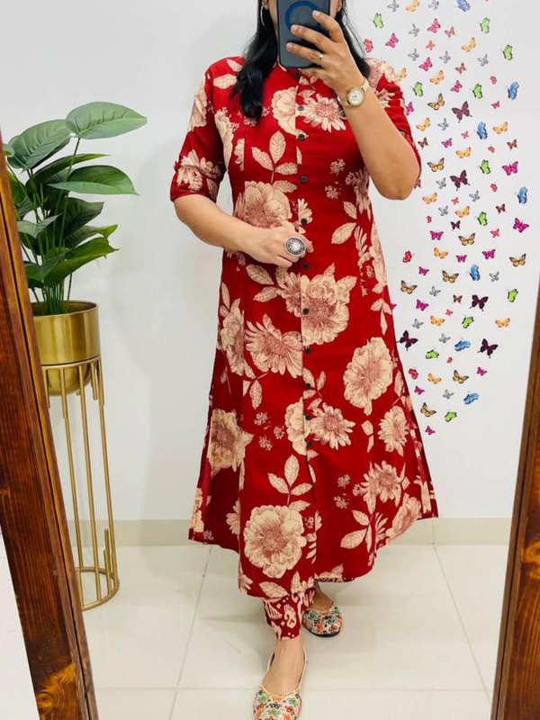 Red Printed Premium Cotton Cord Set - Utsaahit