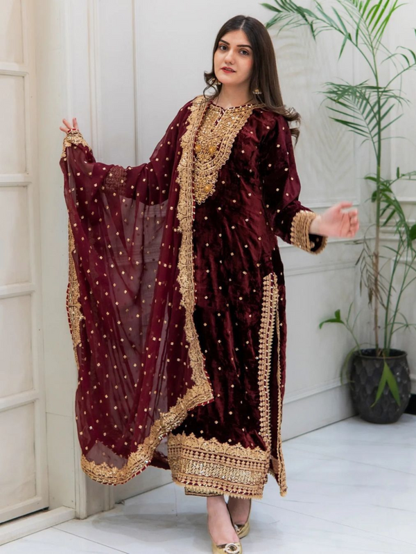 Stunning Party Wear Viscose Velvet Outfit with Designer Top, Dupatta & Embroidered Sequance Work