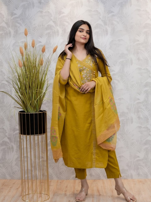 Stylish Women’s Cotton Yellow Embroidery Work Kurta Pant Dupatta Set - Utsaahit