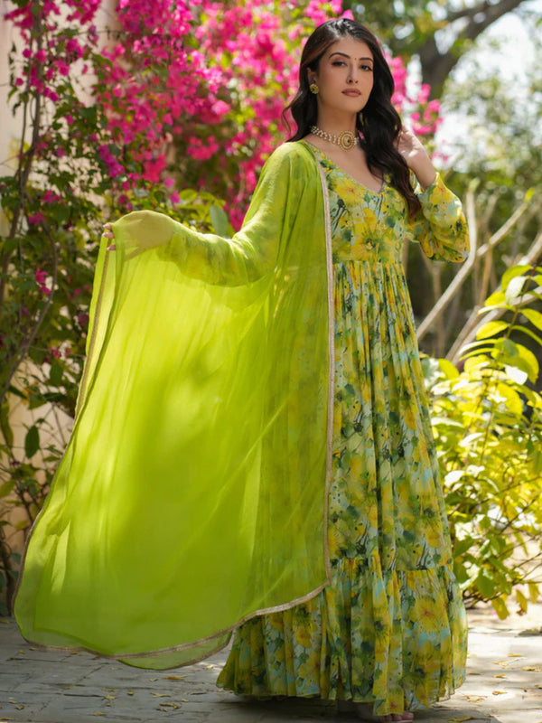 Utsaahit Georgette Green Floral Printed Gown and Dupatta Set