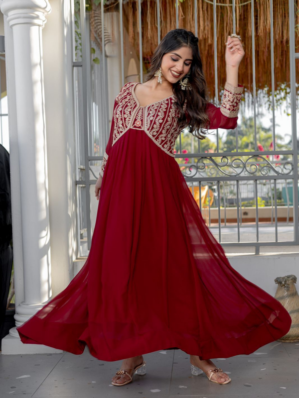 Utsaahit Fancy Stylish Zari Work V Neck Red Gown Dress