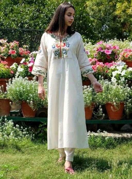 Off White Embroidered Cotton Kurta and Pant Set