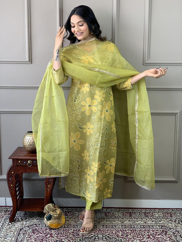 Utsaahit Exquisite Mirror Work Three-Piece Suit Set with Organza Dupatta