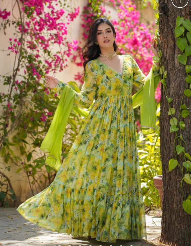 Utsaahit Georgette Green Floral Printed Gown and Dupatta Set