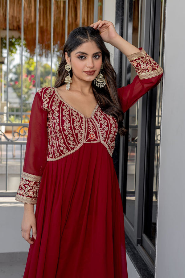 Utsaahit Fancy Stylish Zari Work V Neck Red Gown Dress