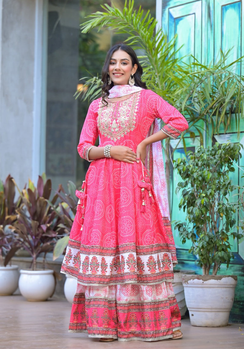 Elegant Printed Anarkali Cotton Kurti with Sharara & Dupatta – Gold Lace & Sequin Work