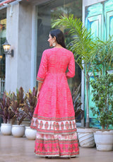 Elegant Printed Anarkali Cotton Kurti with Sharara & Dupatta – Gold Lace & Sequin Work