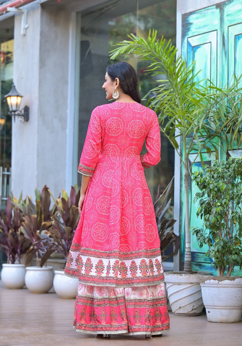 Elegant Printed Anarkali Cotton Kurti with Sharara & Dupatta – Gold Lace & Sequin Work