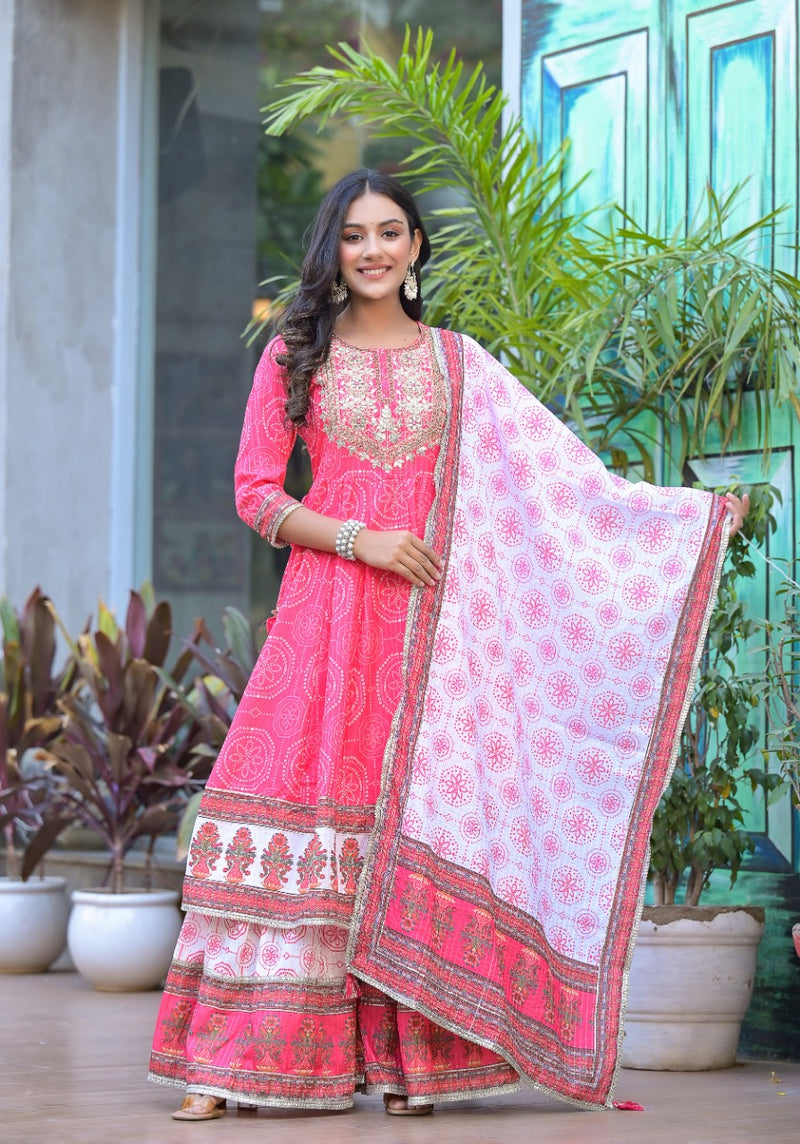 Elegant Printed Anarkali Cotton Kurti with Sharara & Dupatta – Gold Lace & Sequin Work
