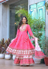 Elegant Printed Anarkali Cotton Kurti with Sharara & Dupatta – Gold Lace & Sequin Work