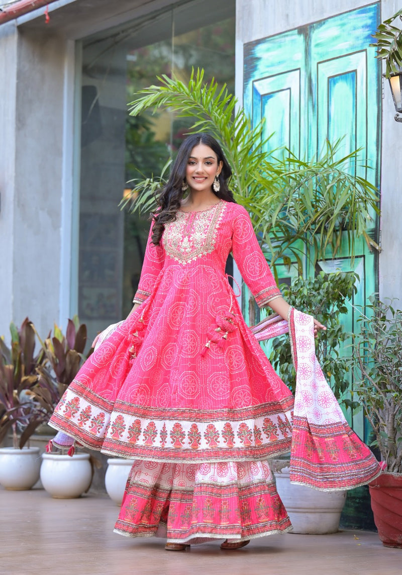 Elegant Printed Anarkali Cotton Kurti with Sharara & Dupatta – Gold Lace & Sequin Work