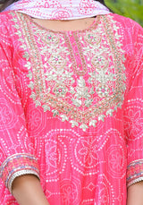 Elegant Printed Anarkali Cotton Kurti with Sharara & Dupatta – Gold Lace & Sequin Work