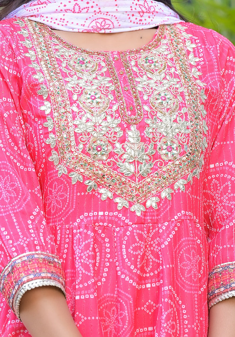 Elegant Printed Anarkali Cotton Kurti with Sharara & Dupatta – Gold Lace & Sequin Work