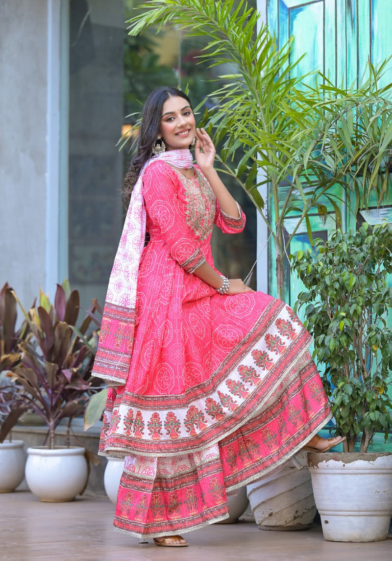 Elegant Printed Anarkali Cotton Kurti with Sharara & Dupatta – Gold Lace & Sequin Work