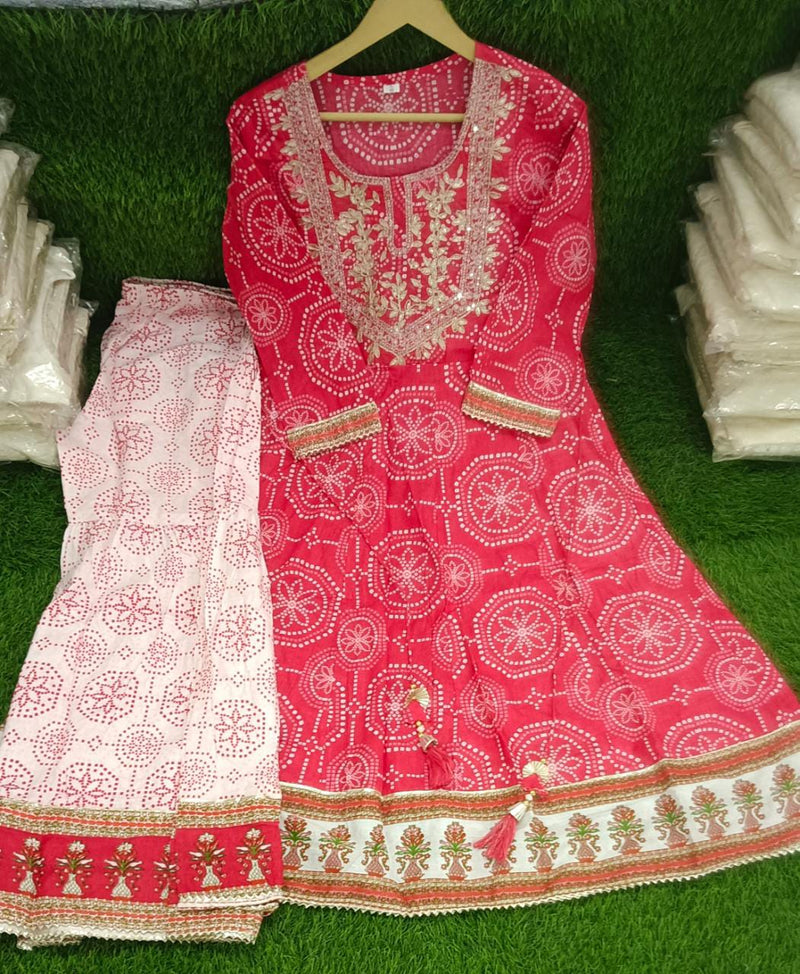 Elegant Printed Anarkali Cotton Kurti with Sharara & Dupatta – Gold Lace & Sequin Work
