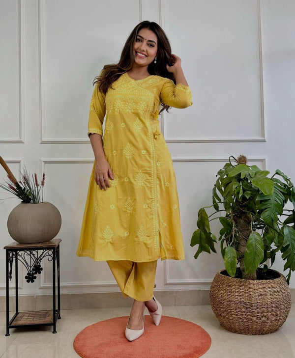 Cotton Chikankari Angrakha Kurta Pant Set for Women Summer Festive Wear
