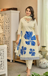 Pure Cotton Handwork Kurti Pant Dupatta Set for Women Heavy Ethnic Wear V-Neck