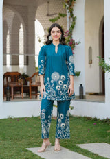Premium Deep Teal Blue Cotton Co-ord Set for Women – Printed Border 2-Piece Summer Outfit