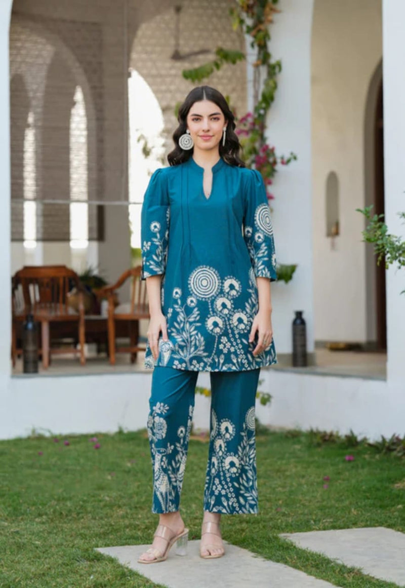 Premium Deep Teal Blue Cotton Co-ord Set for Women – Printed Border 2-Piece Summer Outfit