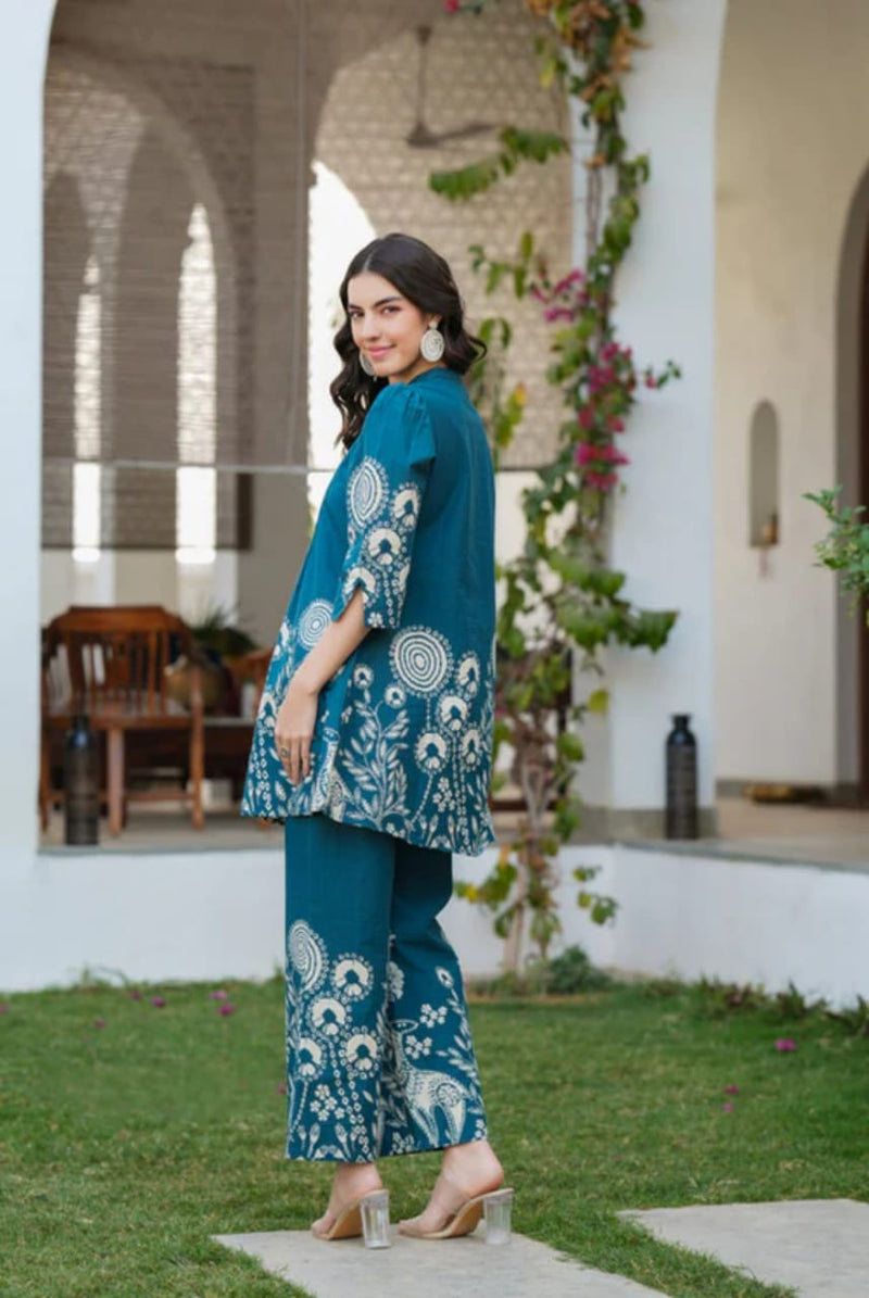 Premium Deep Teal Blue Cotton Co-ord Set for Women – Printed Border 2-Piece Summer Outfit
