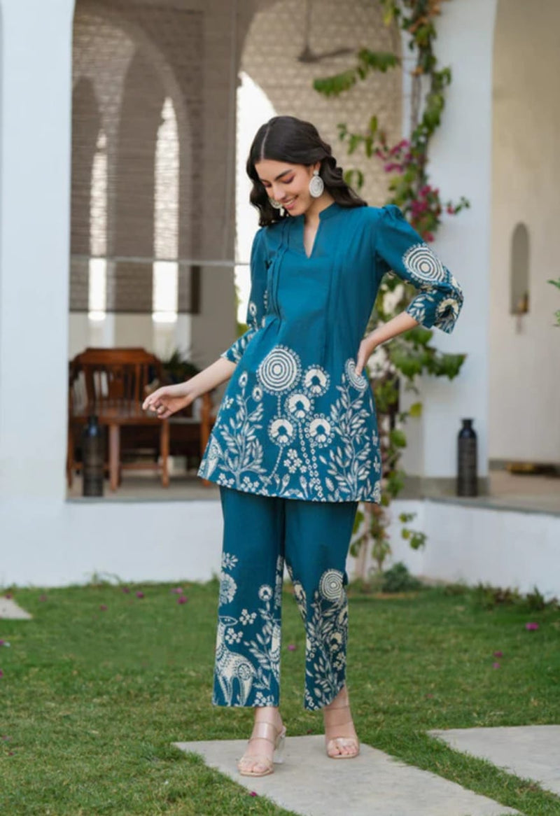 Premium Deep Teal Blue Cotton Co-ord Set for Women – Printed Border 2-Piece Summer Outfit