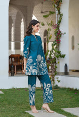 Premium Deep Teal Blue Cotton Co-ord Set for Women – Printed Border 2-Piece Summer Outfit