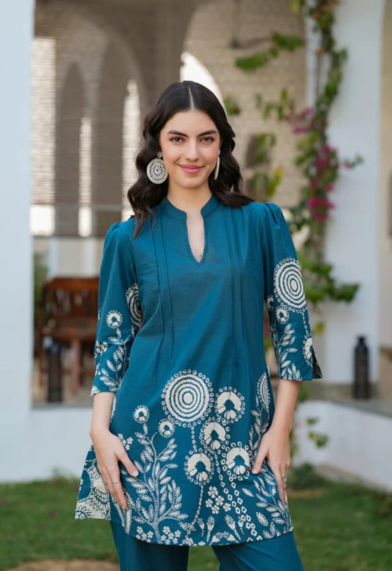 Premium Deep Teal Blue Cotton Co-ord Set for Women – Printed Border 2-Piece Summer Outfit