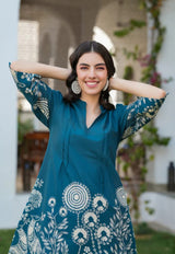Premium Deep Teal Blue Cotton Co-ord Set for Women – Printed Border 2-Piece Summer Outfit
