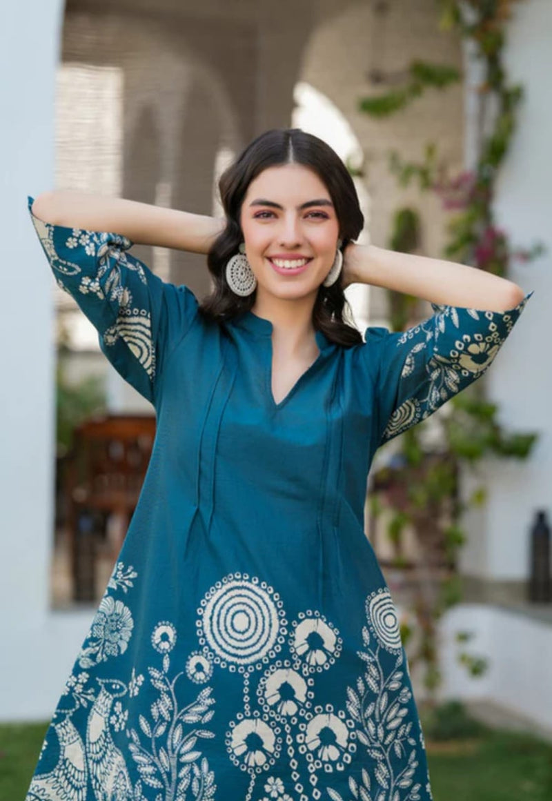 Premium Deep Teal Blue Cotton Co-ord Set for Women – Printed Border 2-Piece Summer Outfit