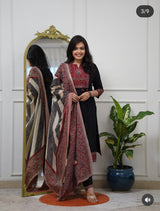 Premium Cotton Hand Block Printed Kurti Pant Dupatta Set Sequence Work