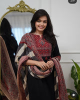 Premium Cotton Hand Block Printed Kurti Pant Dupatta Set Sequence Work
