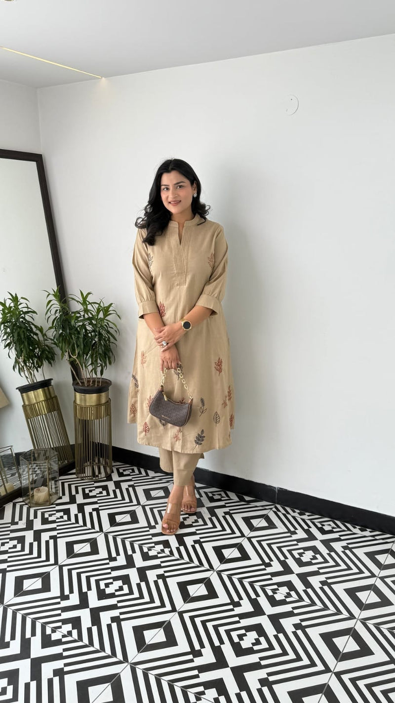 Cotton Collared Kurta Pant Set | Elegant Embroidered Co-ord