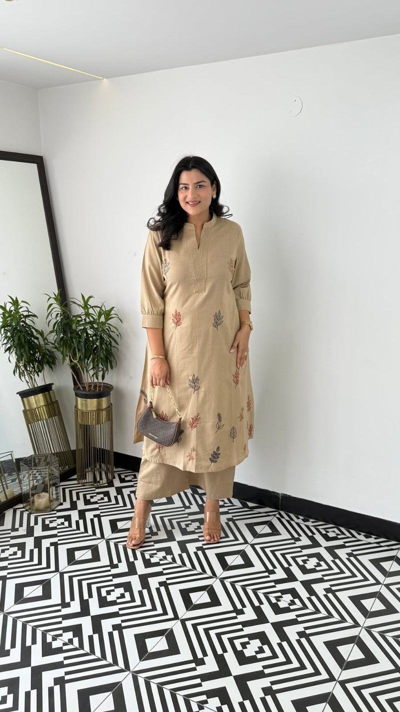 Cotton Collared Kurta Pant Set | Elegant Embroidered Co-ord