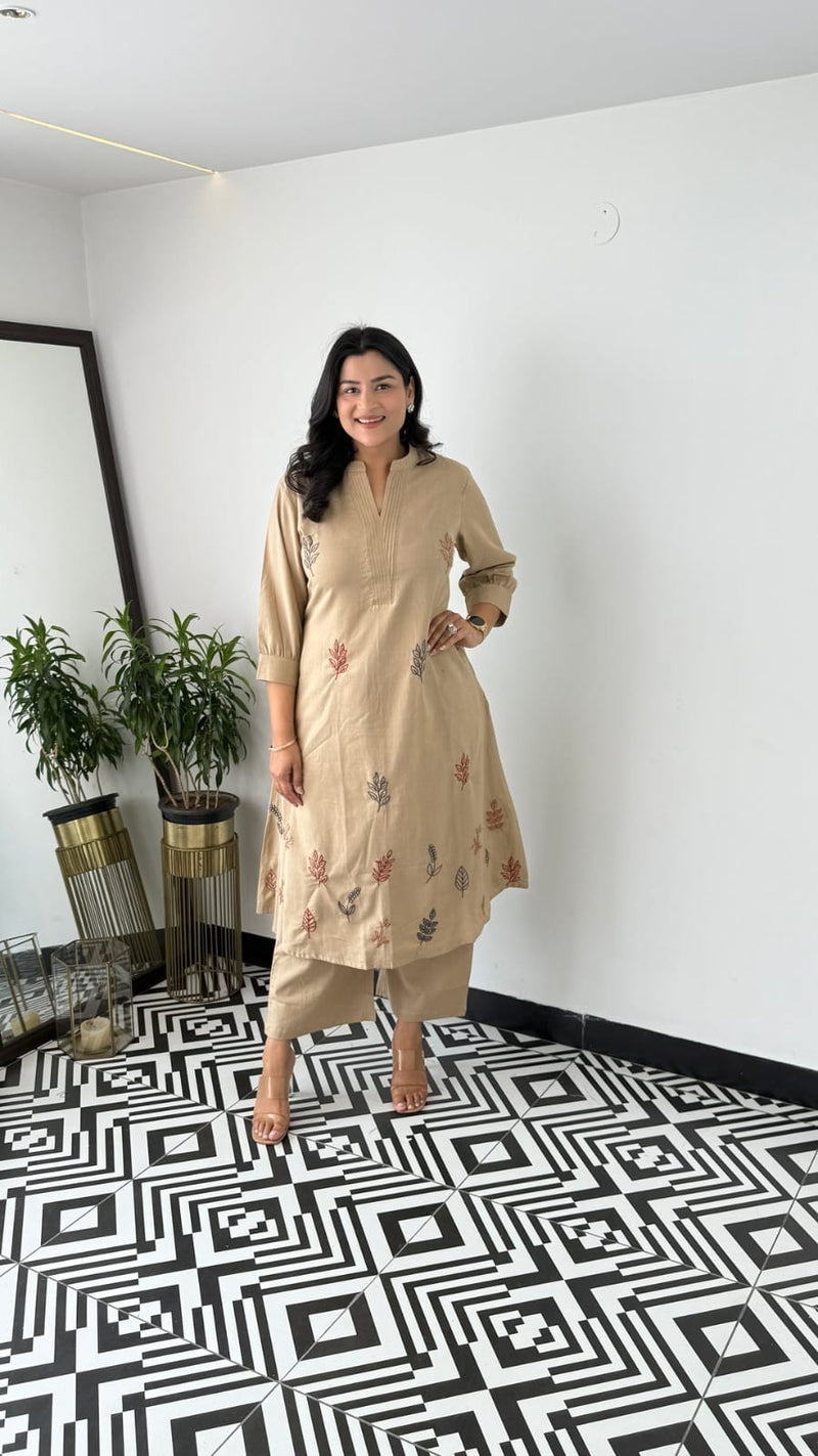 Cotton Collared Kurta Pant Set | Elegant Embroidered Co-ord
