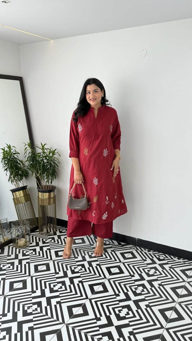 Cotton Collared Kurta Pant Set | Elegant Embroidered Co-ord
