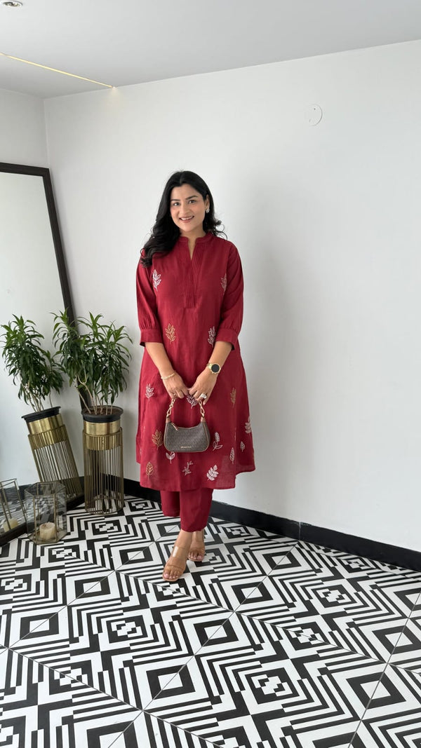 Cotton Collared Kurta Pant Set | Elegant Embroidered Co-ord