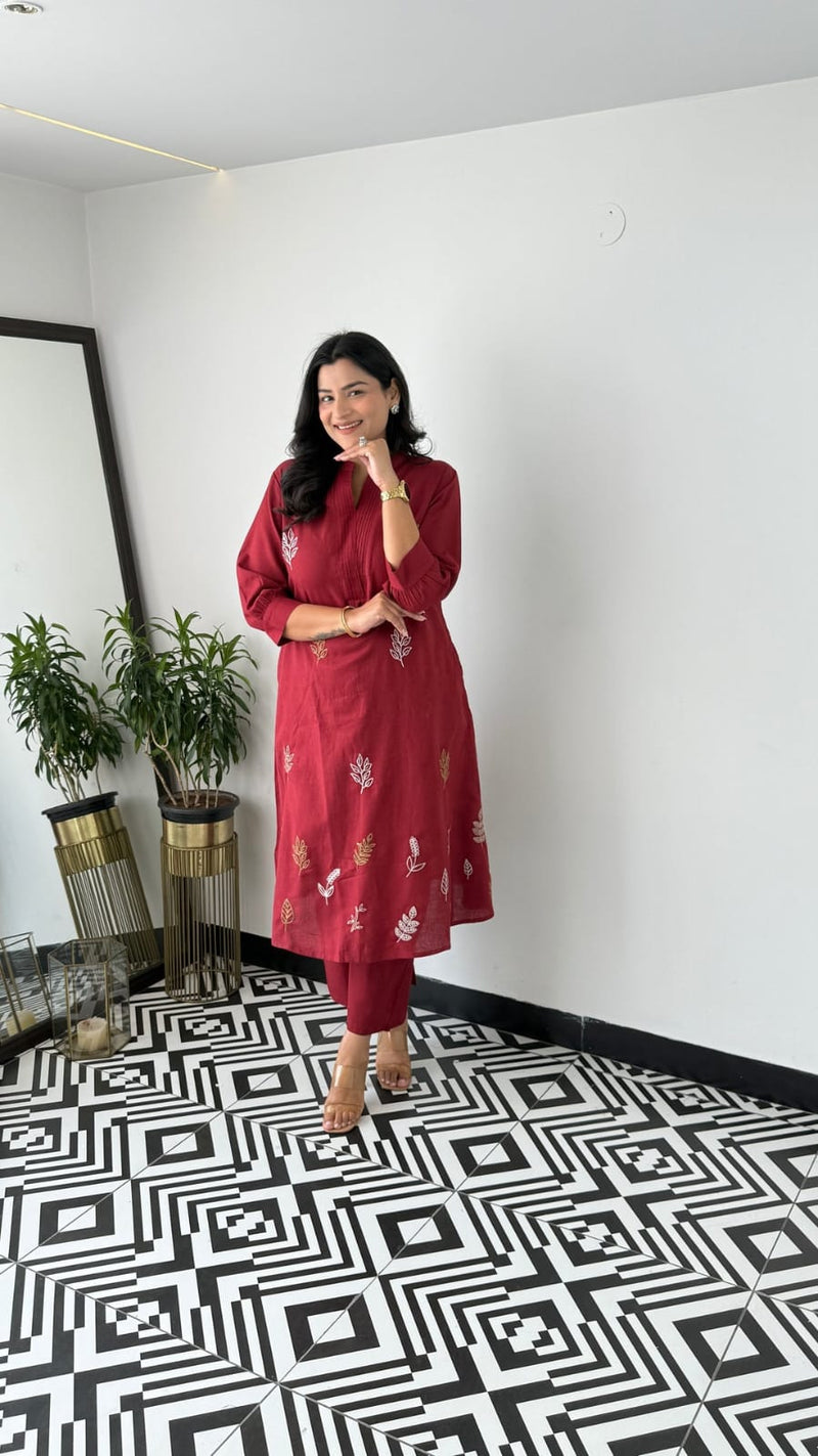 Cotton Collared Kurta Pant Set | Elegant Embroidered Co-ord