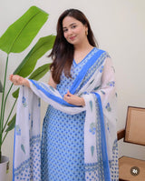 Mul Cotton Suit Set | Floral Print & Lace Work