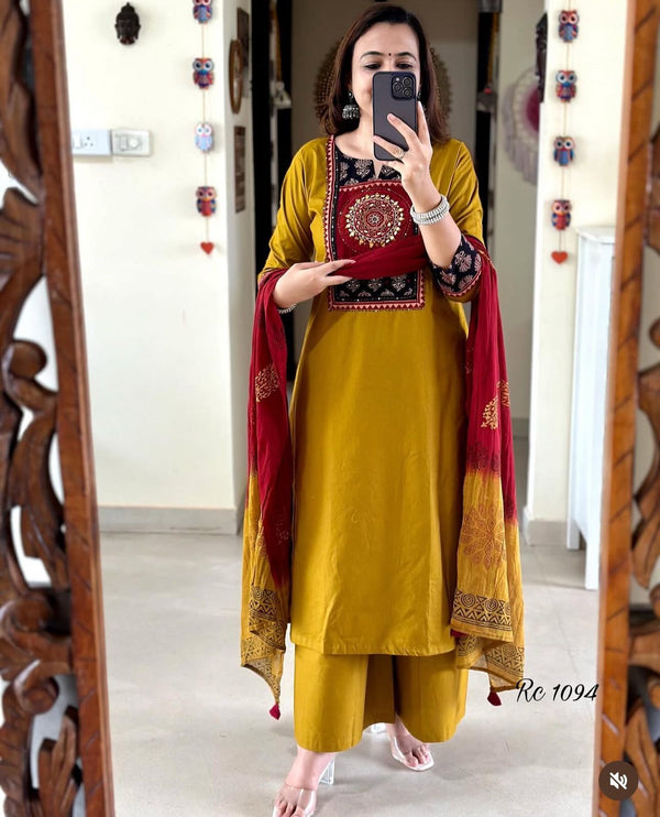 Pure Cotton Embroidered Kurti Set with Tie-Dye Dupatta